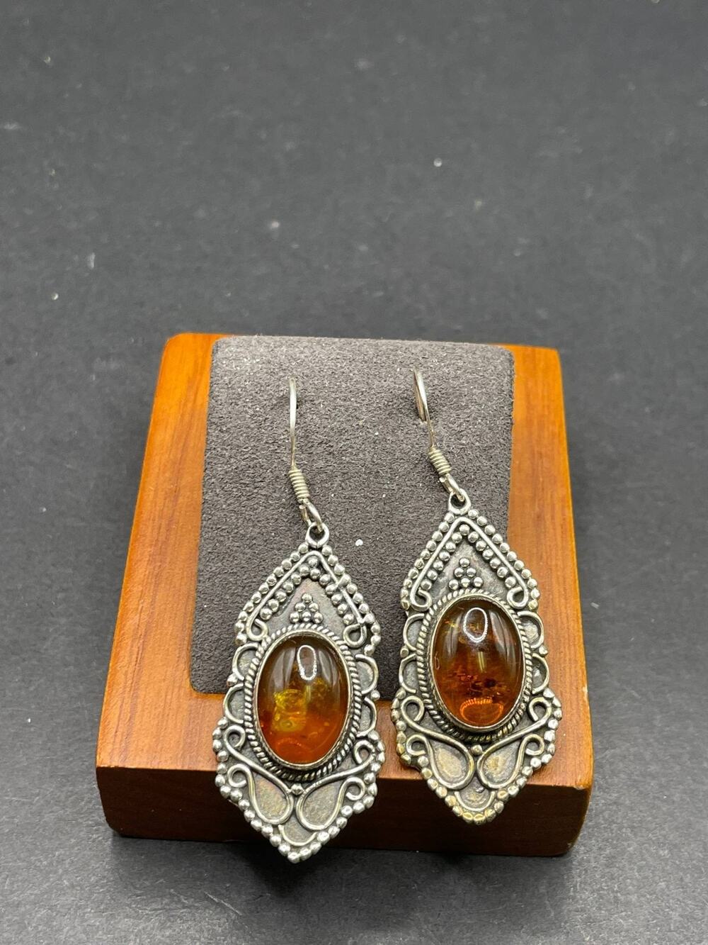 925 Sterling Silver Amber Dangle Earrings Oval Teardrop Filigree Statement